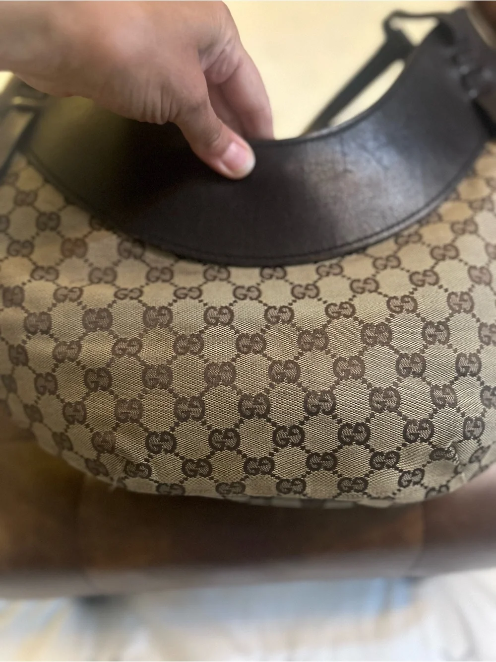 Rare & Authentic Vintage Gucci Beige Brown GG Canvas Crescent Hobo Bag